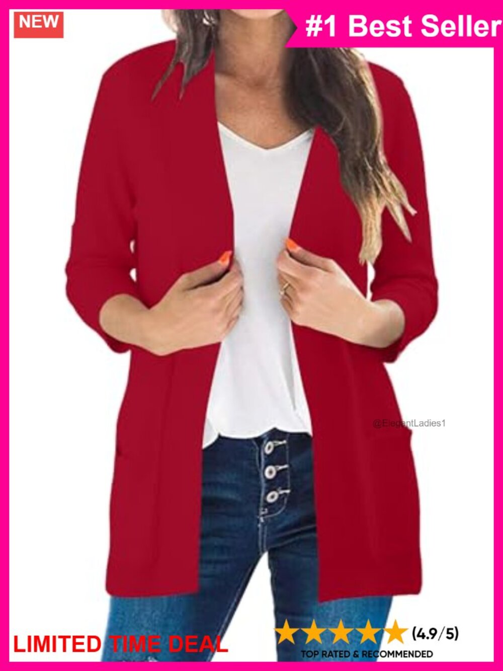 Viscose Knit Open Front Cardigan with Pockets 3/4 Sleeve